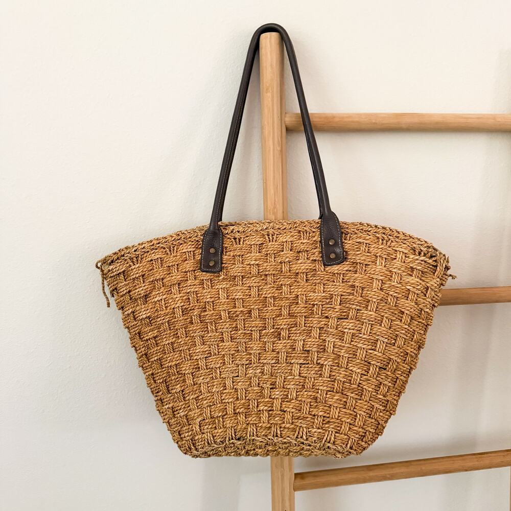 J.Crew Woven Straw Tote Bag Brown Leather Handles Large Beach Market Basket - Picture 6 of 13